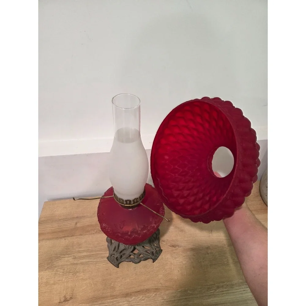 Antique Red Satin Quilted Glass Aladdin Style Oil Lamp Brass Base 20''